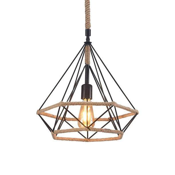 Industrial Hemp Rope Iron Wire Diamond Cage Hanging Light 15"