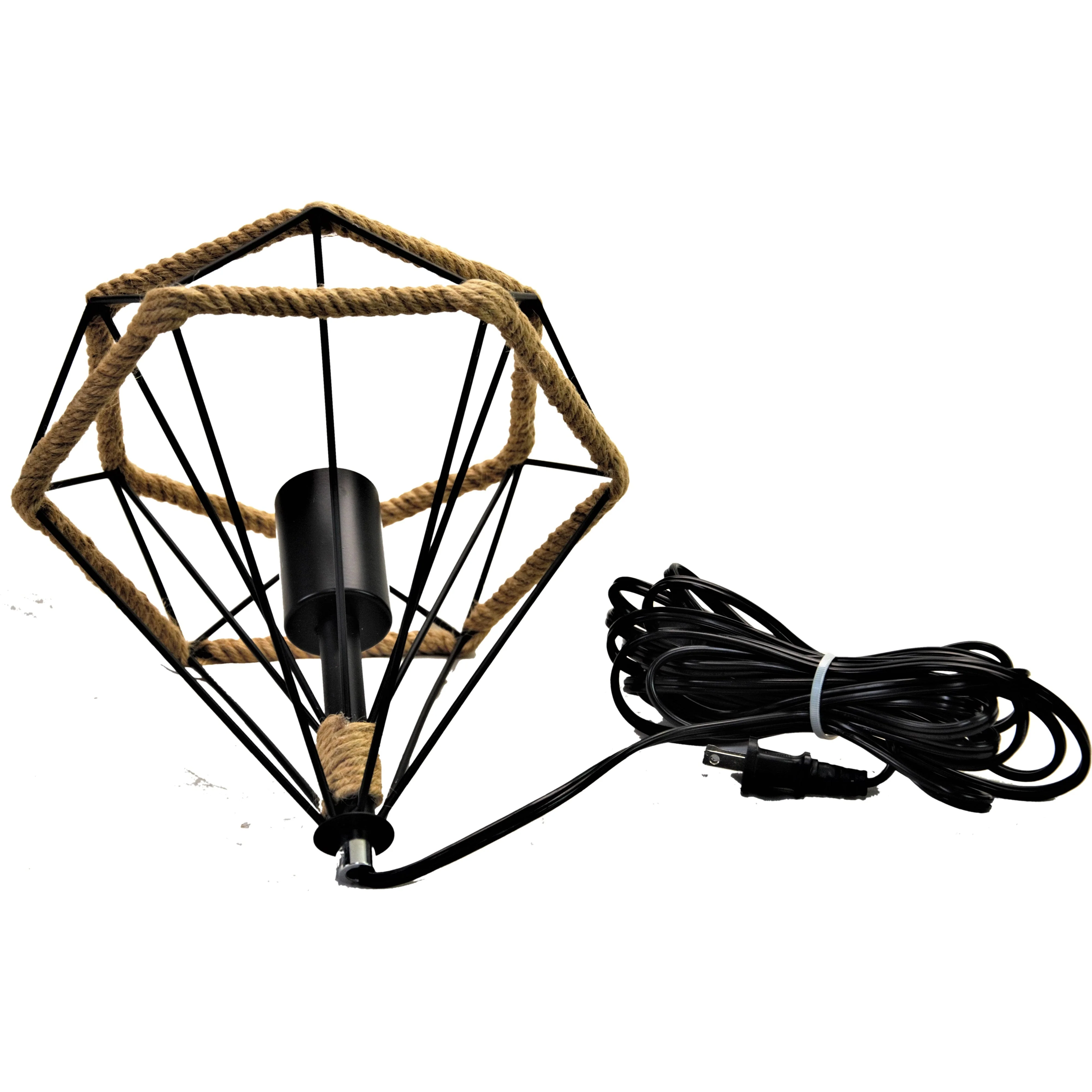 Industrial Hemp Rope Iron Wire Diamond Cage Hanging Light 15" - Image 2
