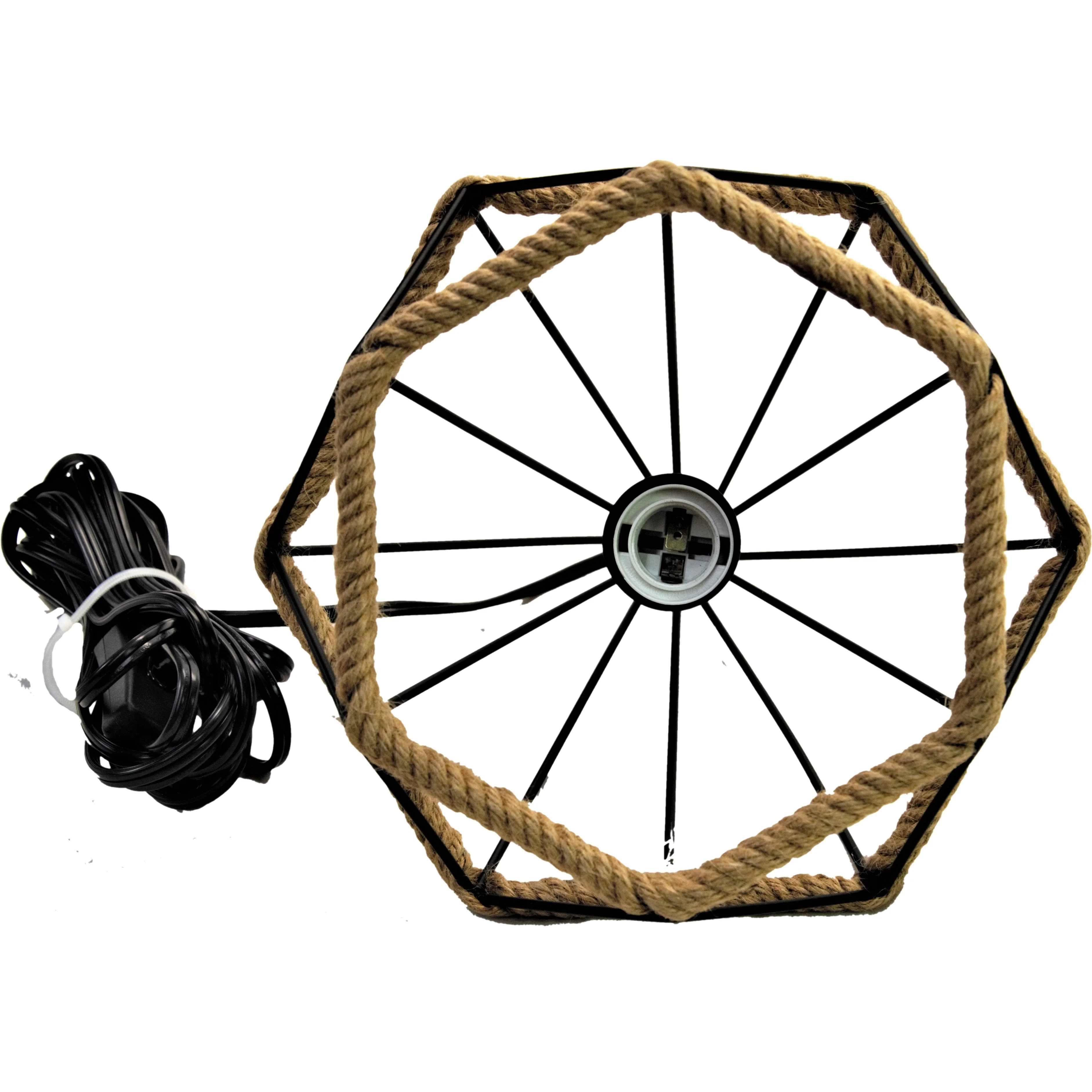 Industrial Hemp Rope Iron Wire Diamond Cage Hanging Light 15" - Image 3