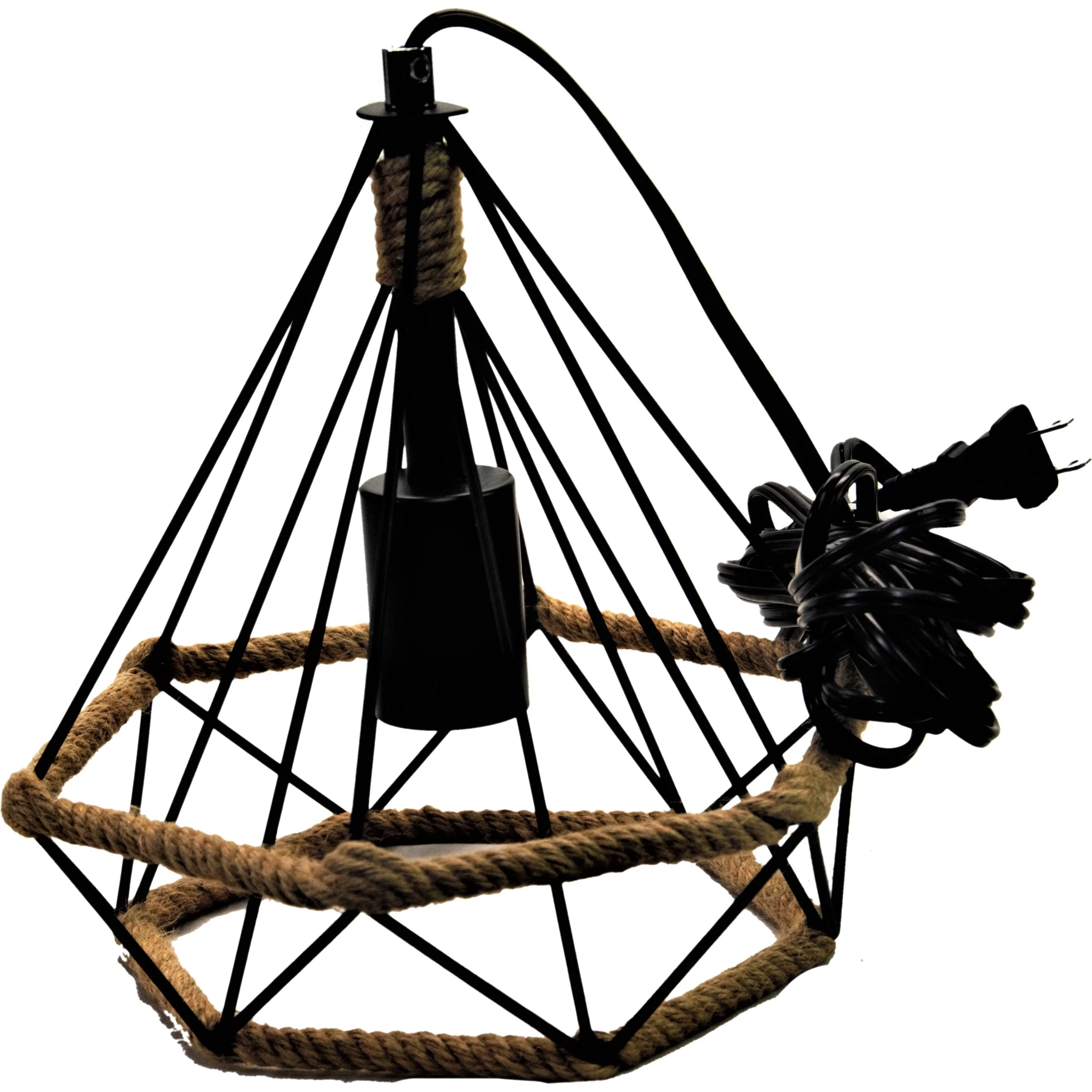 Industrial Hemp Rope Iron Wire Diamond Cage Hanging Light 15" - Image 4
