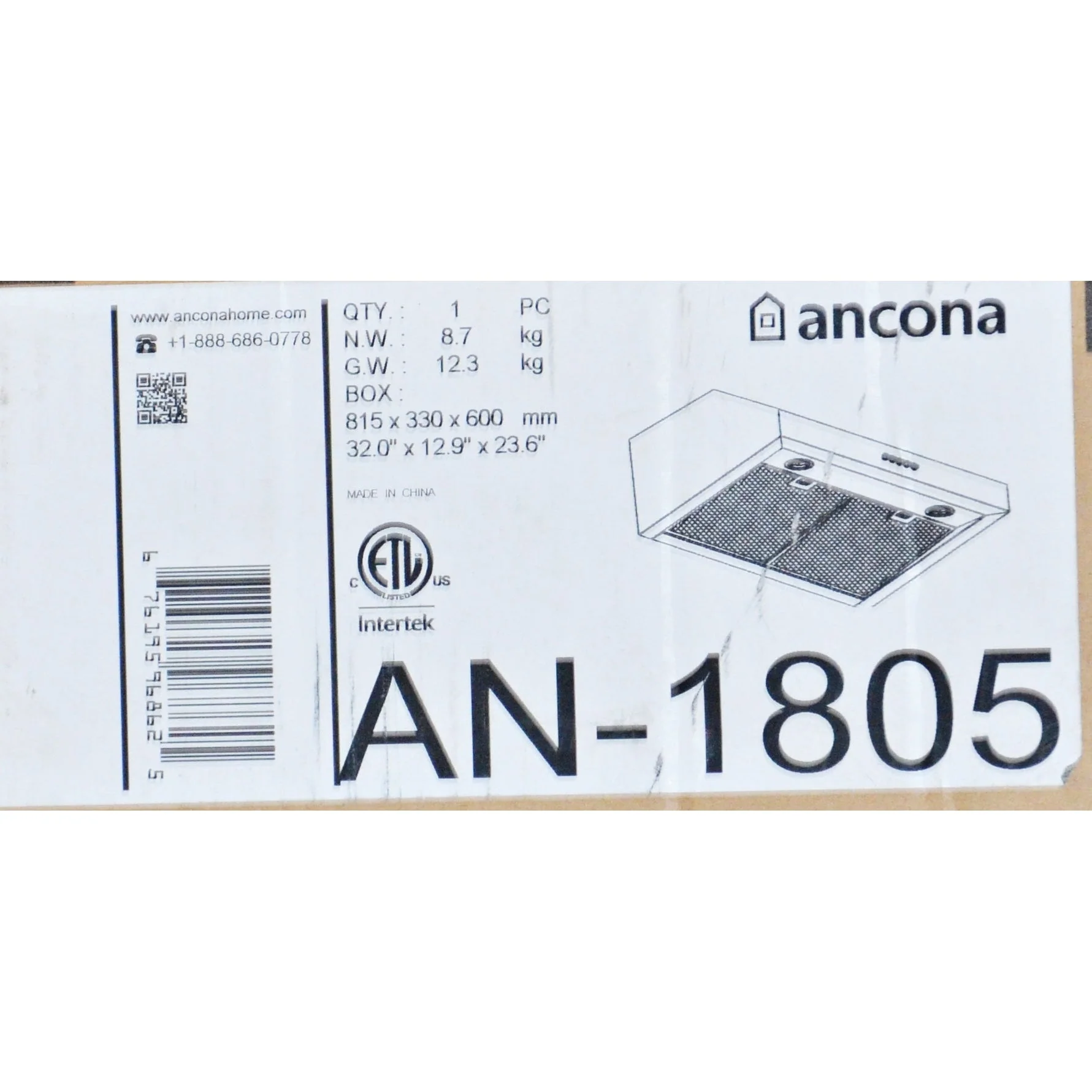 Ancona 30" Ducted Under Cabinet Range Hood AN-1805 Stainless