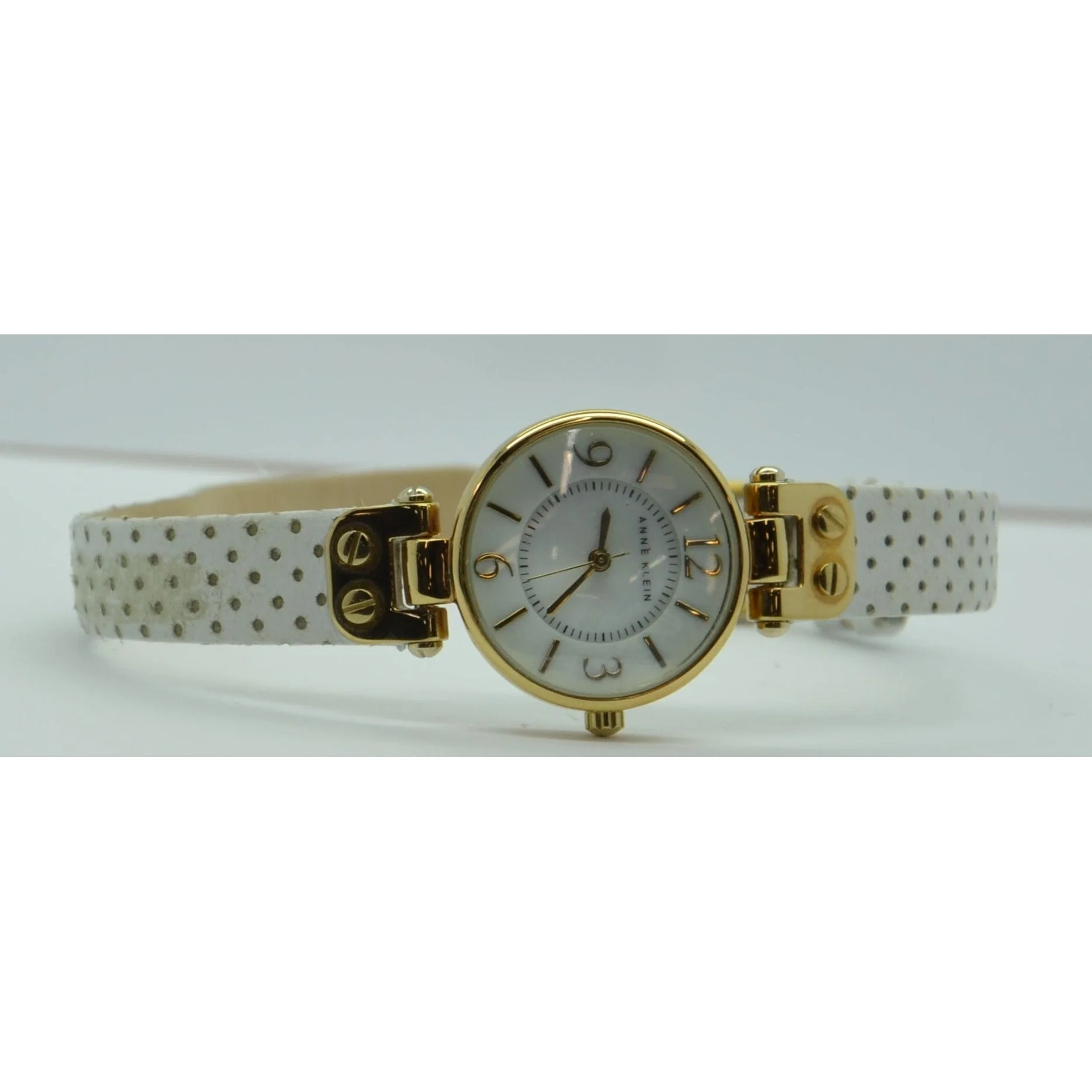 ANNE KLEIN Gold Tone Round White Perforated Strap Watch - WHITE - Image 4
