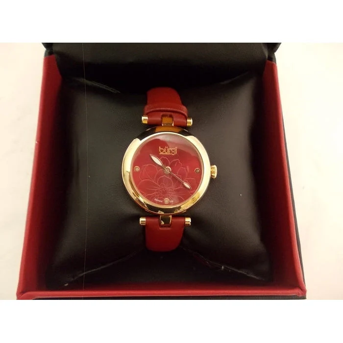 Burgi BUR128RD Embossed Flower Diamond Dial Genuine Leather Strap Watch - Image 5