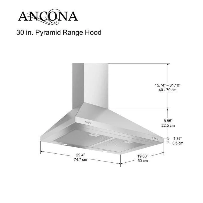 Ancona Pyramid 30" Range Hood AN-1129X 400CFM w/ Nightlight Stainless - Image 2