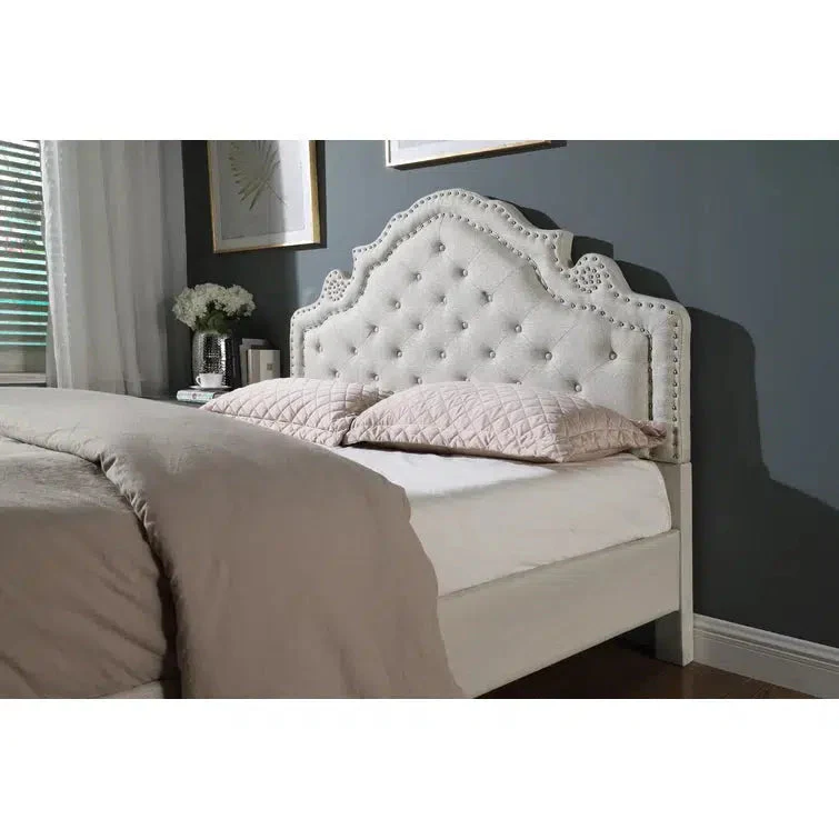House of Hampton - Queen Upholstered Headboard - Beige with Silver Studs - Image 3