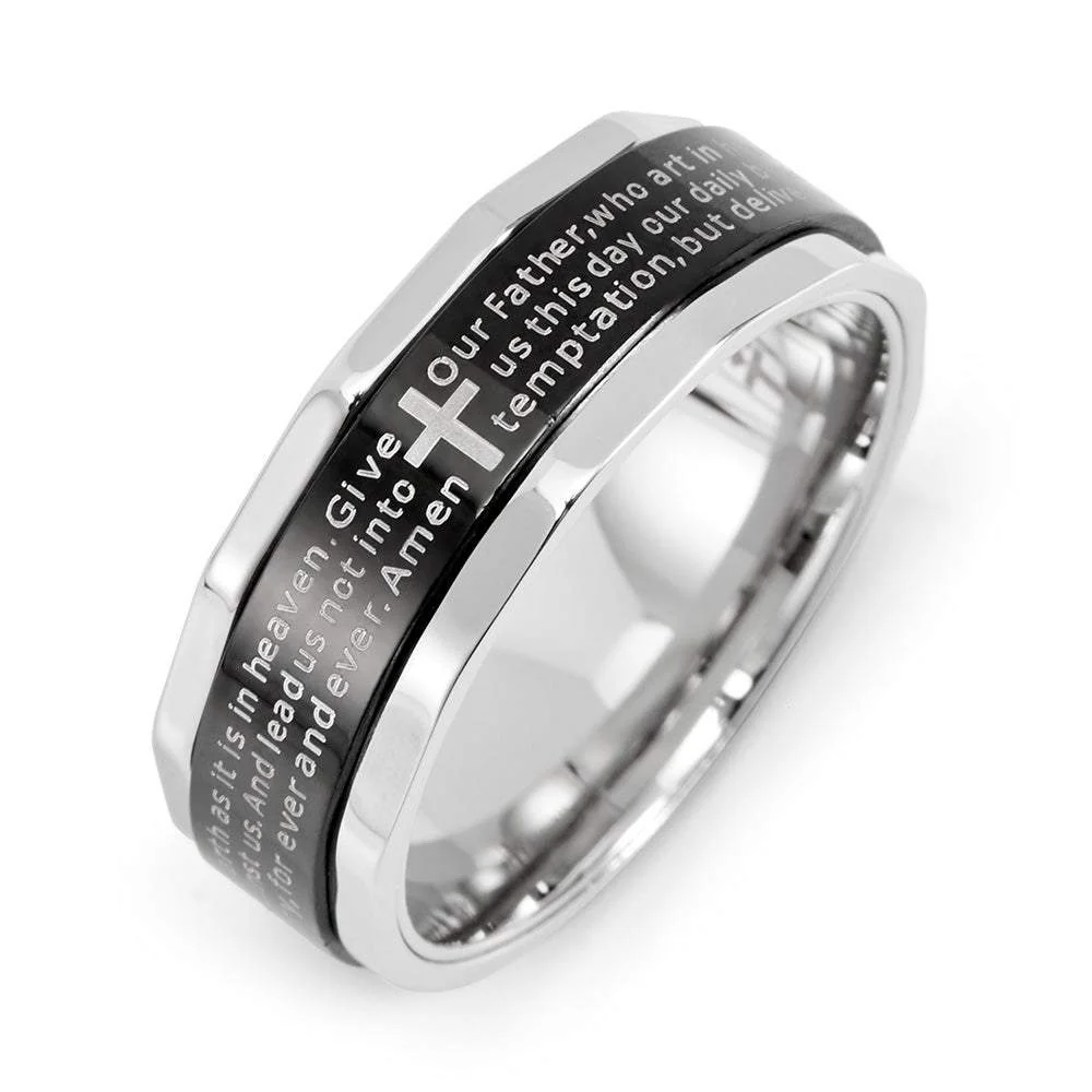 MOWOM Black Stainless Steel Ring Band Bible Lords Prayer Cross 15