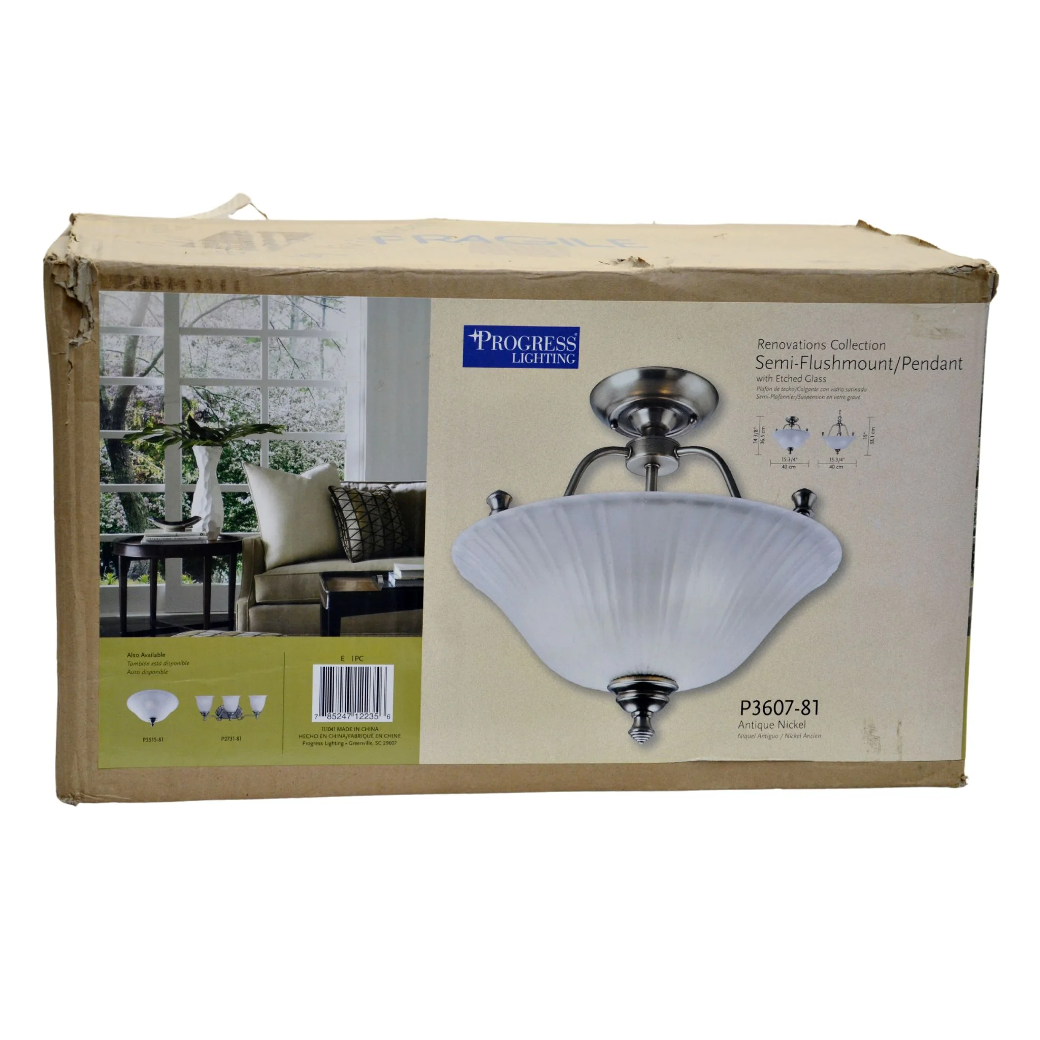 Progress Lighting Semi-Flush Light with Etched Glass Antique Nickel - Image 6