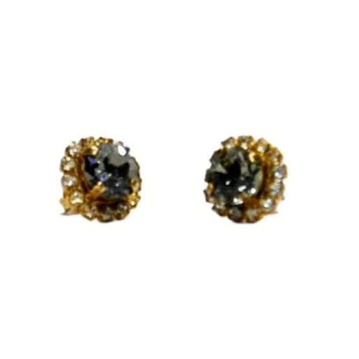 Round Stud Earrings Light Blue Stone surrounded by Clear Stones