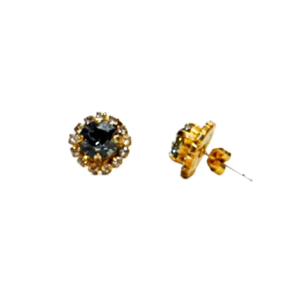 Round Stud Earrings Light Blue Stone surrounded by Clear Stones - Image 2