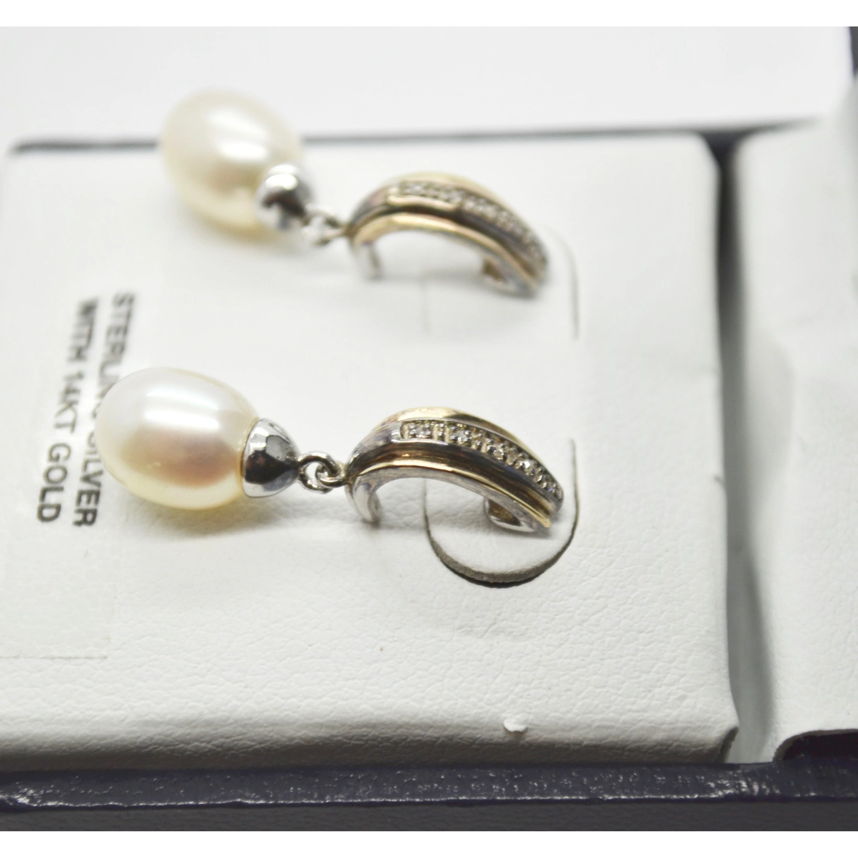 Sterling Silver Earrings 14K Gold, Diamond And Half Drill Pearl - Image 3