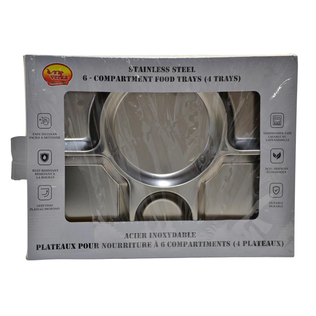 Verka Stainless Steel 6 Compartment Food Trays 4 Trays - Image 3
